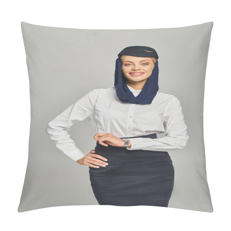 Personality  Elegant And Joyful Stewardess In Arabian Airlines Uniform Standing With Hand On Hip On Grey Pillow Covers