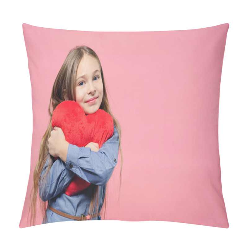 Personality  Love Concept. Cute Child Girl Holding Red Heart Over Pink Background. Valentine's Day. Mothers Day. Pillow Covers