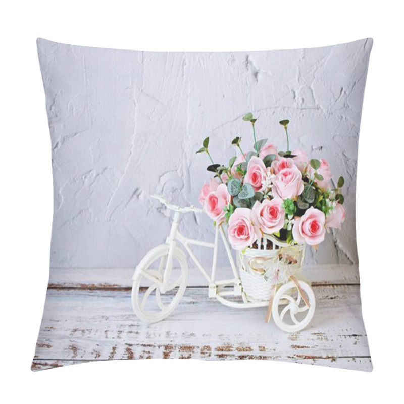 Personality  Artificial Pink Rose Flowers In Bike Toy On Table Bouquet Bucket Bicycle With Soft Tone Festive Texture Background Cement Wallpaper Copy Space Lettering Valentine's Day Romantic Love Birthday Card  Pillow Covers