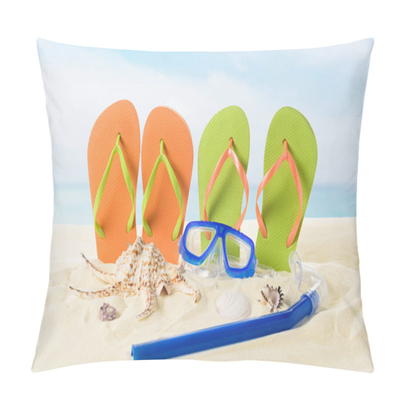 Personality  Flip Flops And Diving Mask In Sand On Blue Sky Background Pillow Covers