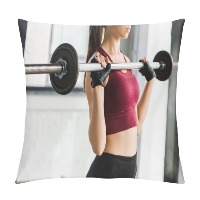 Personality  Partial View Of Concentrated Sportswoman In Weight Lifting Gloves Training With Barbell At Sports Center Pillow Covers