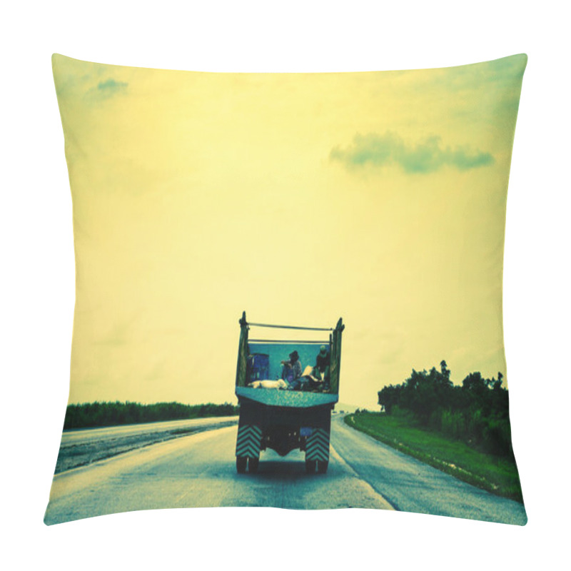 Personality  Two People Traveling In Back Of A Truck On An Empty Road In Cuba Pillow Covers