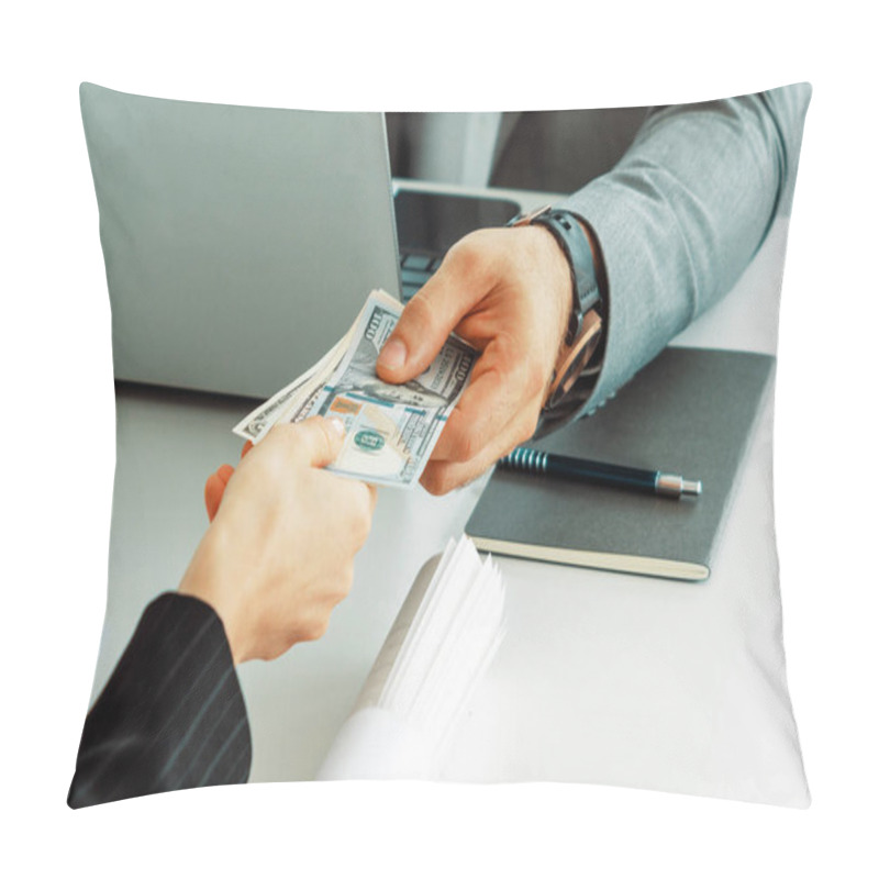 Personality  Businessman Hand Sending Money To Another Business Person. Transaction, Payment, Salary And Banking Concept. Uds Pillow Covers