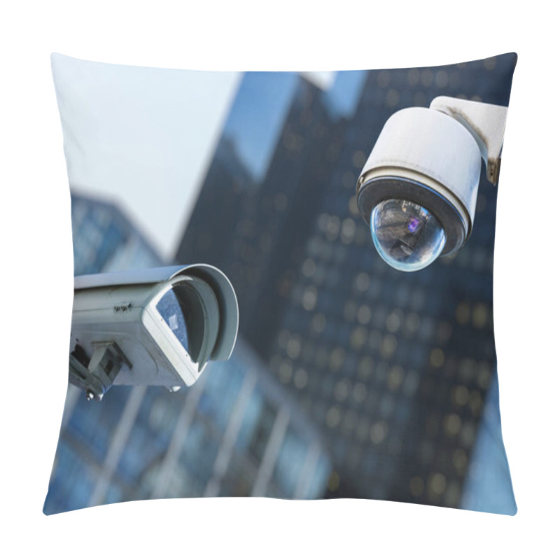 Personality  Two Cctv Security Camera In A City With Blury Business Building On Background Pillow Covers