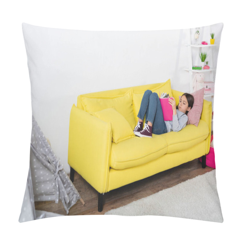 Personality  Preteen Child Reading Book While Lying On Couch At Home Pillow Covers