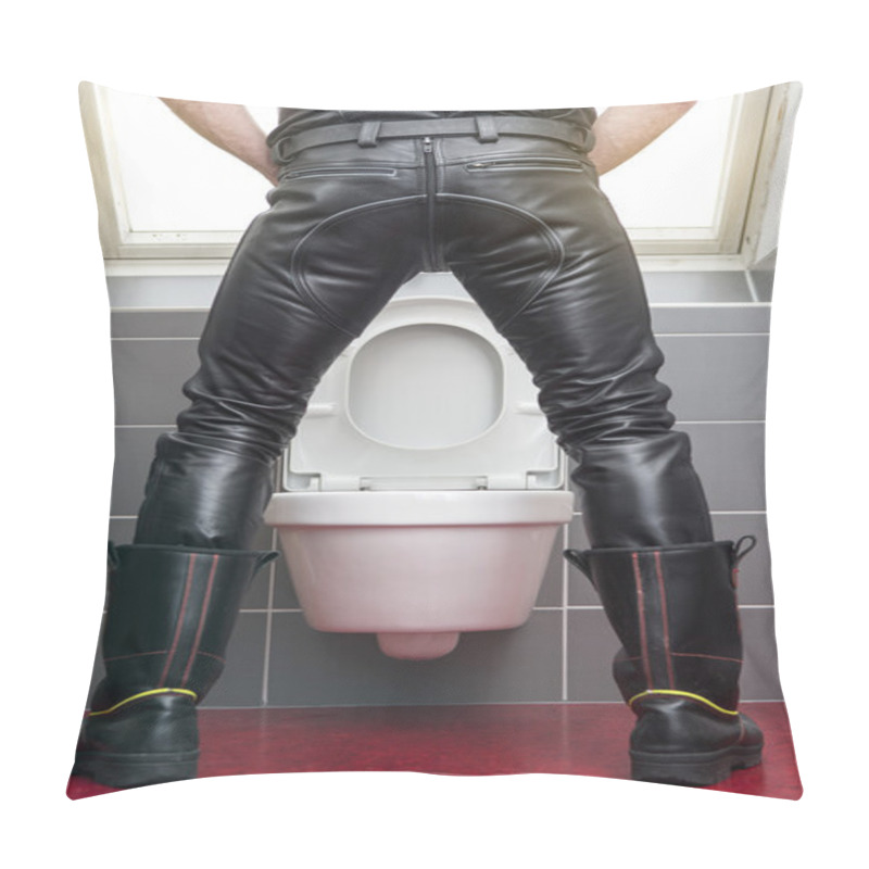 Personality  Man In Leather Gear Standing At Toilet Pillow Covers