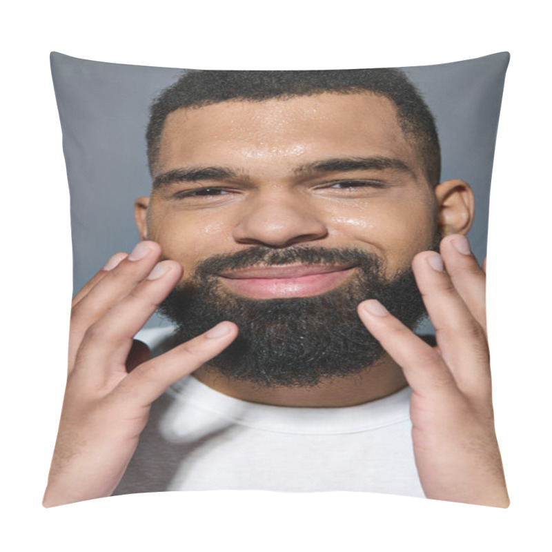 Personality  A Young Man With A Beard Engaging In A Skincare Routine. Pillow Covers