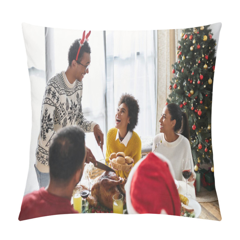 Personality  A Group Of Friends Joyfully Enjoying A Christmas Meal Together At Home, Sharing Laughter. Pillow Covers