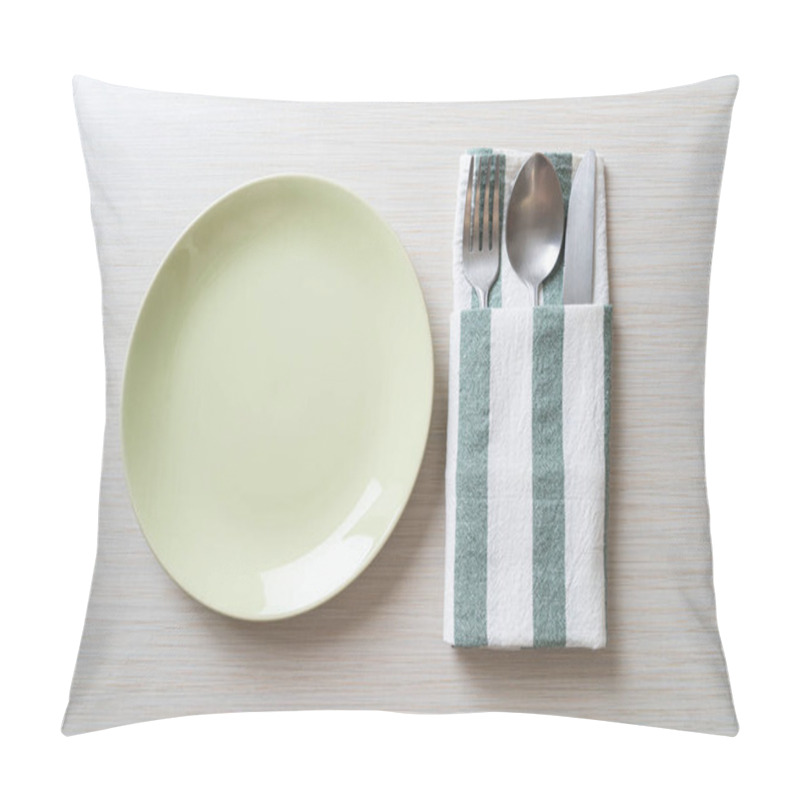 Personality  Empty Plate Or Dish With Knife, Fork And Spoon On Wood Tile Background Pillow Covers