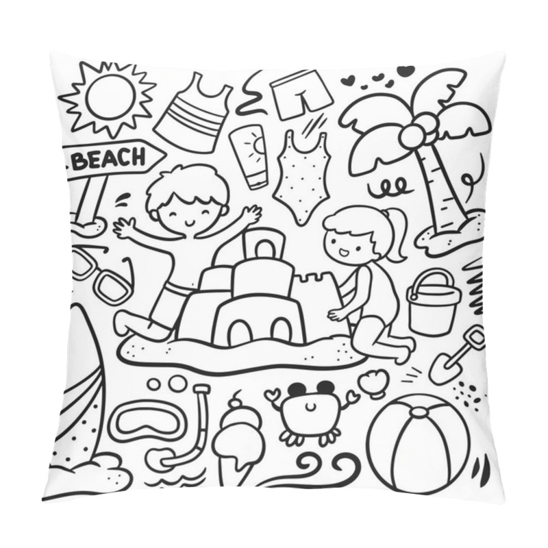 Personality  Cartoon Kids Building Sand Castle On The Beach, Summer Doodle Design Element Pillow Covers