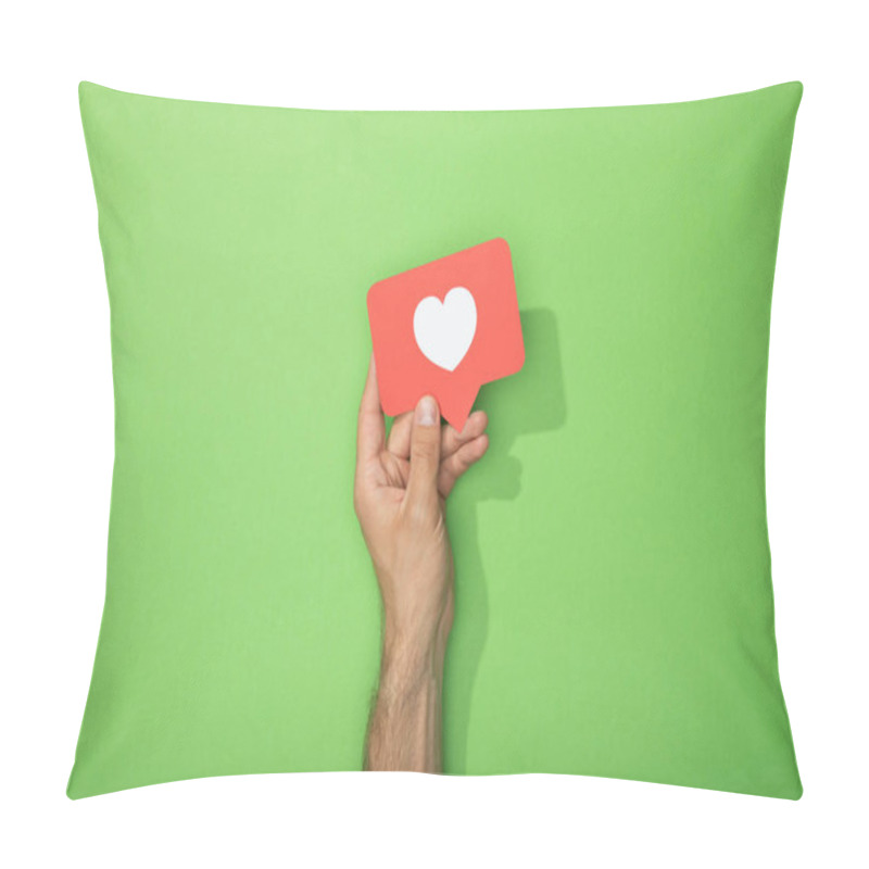 Personality  Cropped View Of Man Holding Red Paper Icon With White Heart On Green Pillow Covers