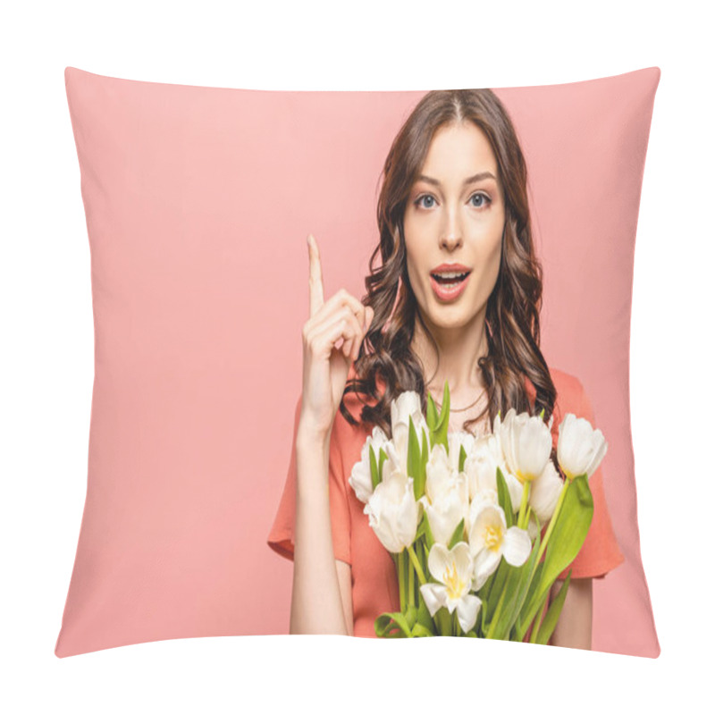 Personality  Attractive Girl Blowing Showing Idea Gesture While Holding Bouquet Of White Tulips Isolated On Pink Pillow Covers