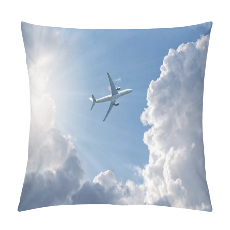 Personality  Airplane Flying In Blue Sky,  Gaining Height, Sun Shine Through Clouds, Bottom View. Concept Of Air Safety. Empty Place For Copy Space. Pillow Covers