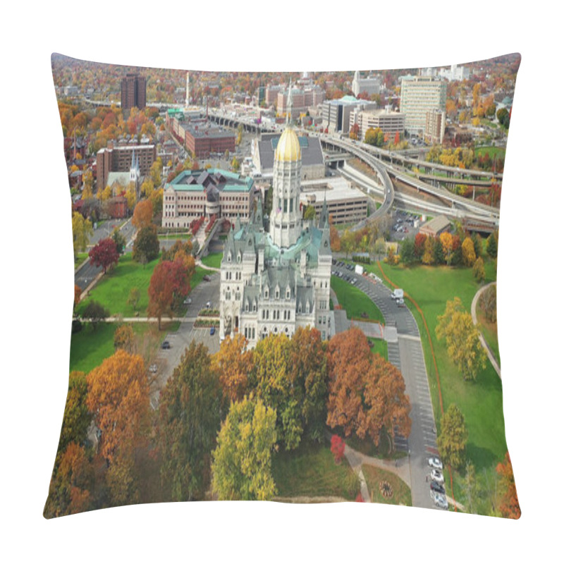 Personality  Hartford, Connecticut, United States- October 27, 2022: An Aerial Of The Connecticut State Capitol In Hartford, United States Pillow Covers