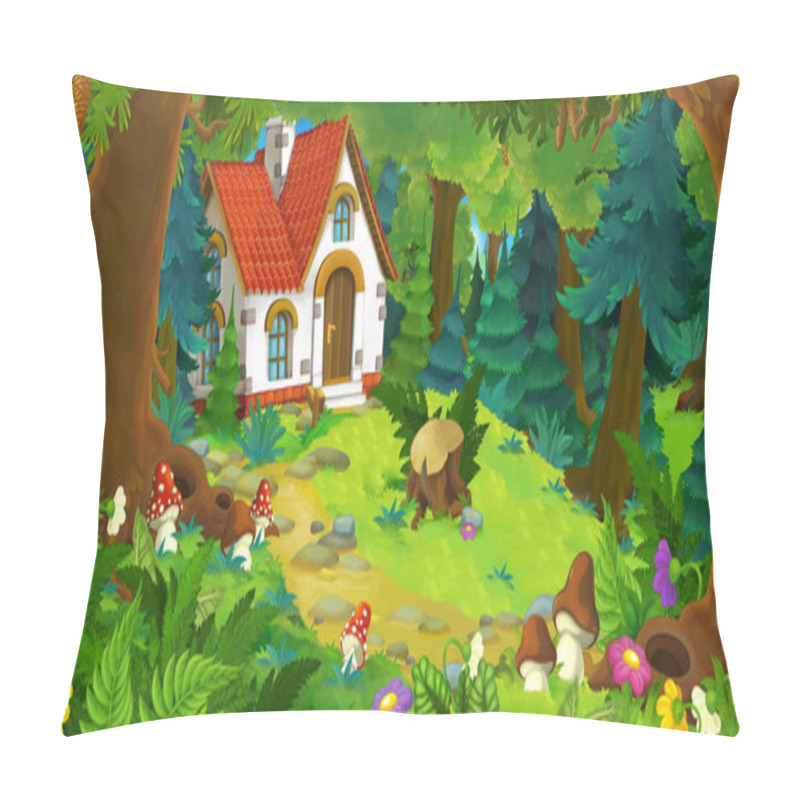 Personality  Cartoon Scene With Beautiful Rural Brick House In The Forest On The Meadow - Illustration For Children Pillow Covers