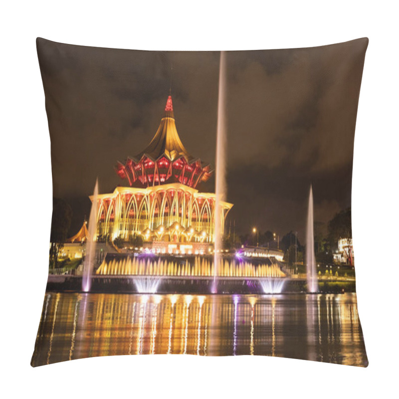 Personality  Sarawak Legislative Assembly New Building View At The Bank Of Sarawak River Fountain Show At Night Kuching Malaysia Pillow Covers