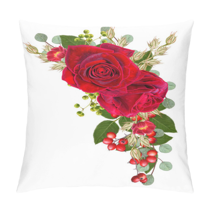 Personality  Flower Arrangement, Wreath, Bouquet. Delicate Red Roses, Red Berries, Bright Green Leaves, Ornamental Plants. Isolated On White Background. Pillow Covers