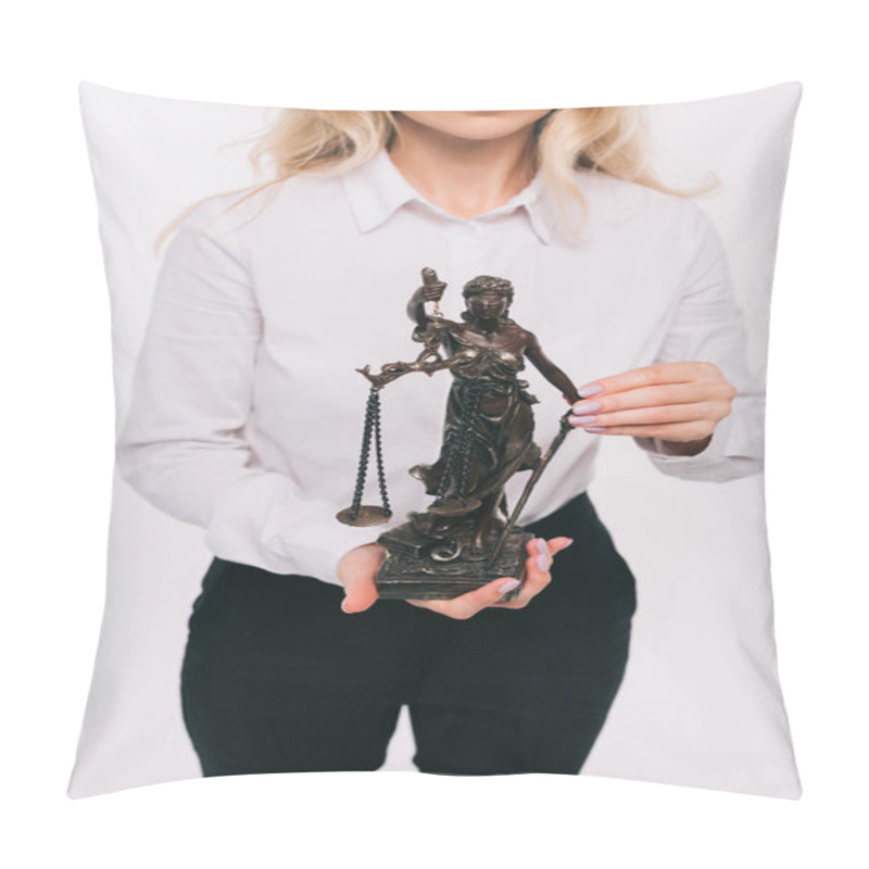 Personality  Cropped Image Of Lawyer Holding Lady Justice Statue Isolated On White Pillow Covers