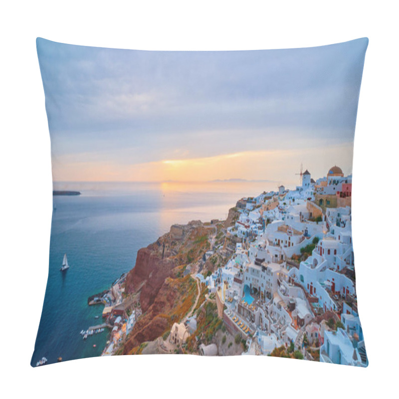 Personality  Famous Greek Iconic Selfie Spot Tourist Destination Oia Village With Traditional White Houses And Windmills In Santorini Island On Sunset In Twilight, Greece Pillow Covers