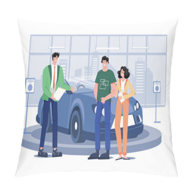 Personality  Salesman Talking To A Young Couple At The Dealership Showroom. Pillow Covers