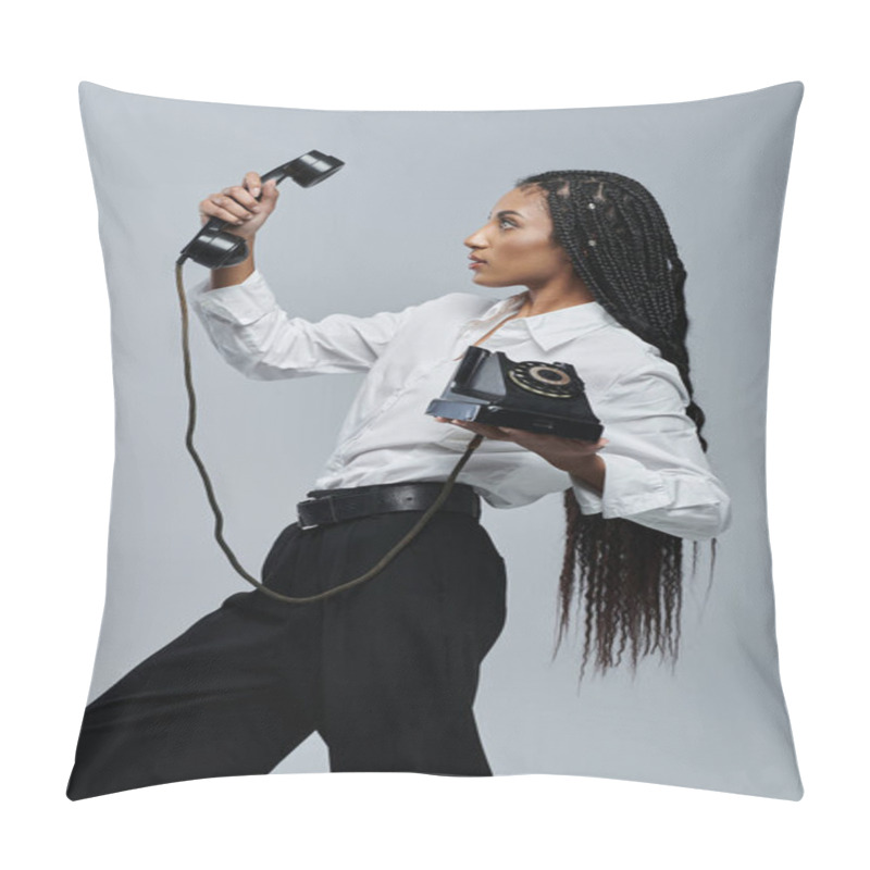 Personality  A Young African American Woman With Braids, Wearing A White Shirt And Black Pants, Holds A Vintage Rotary Phone While Looking Up. Pillow Covers