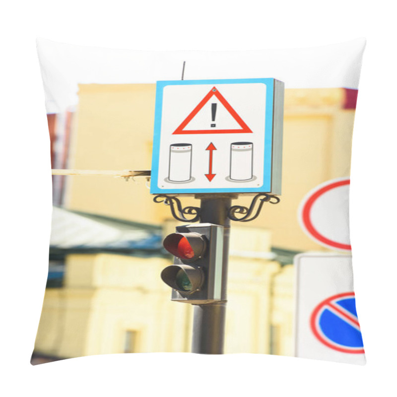 Personality  Close Up View Of Road Signs And Semaphore With Blurred Background Pillow Covers