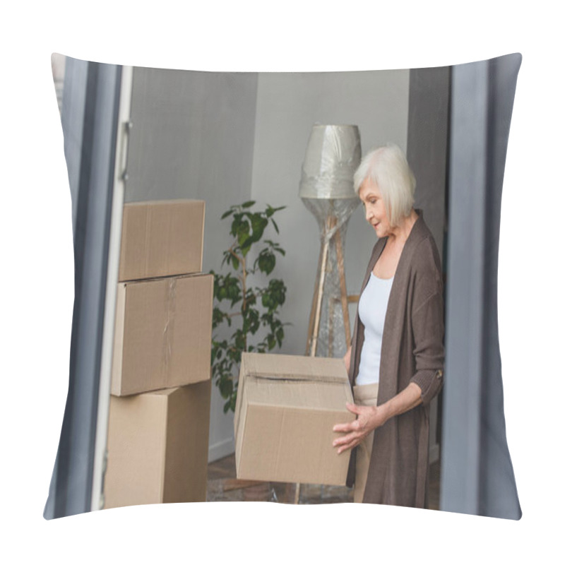 Personality  Cheerful Senior Woman Holding Cardboard Box, Moving Concept Pillow Covers