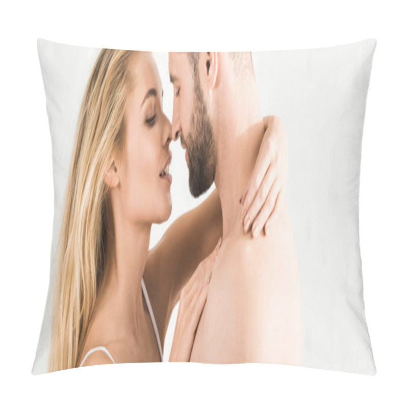 Personality  Panoramic Shot Of Romantic Young Couple Hugging At Home In Morning Pillow Covers