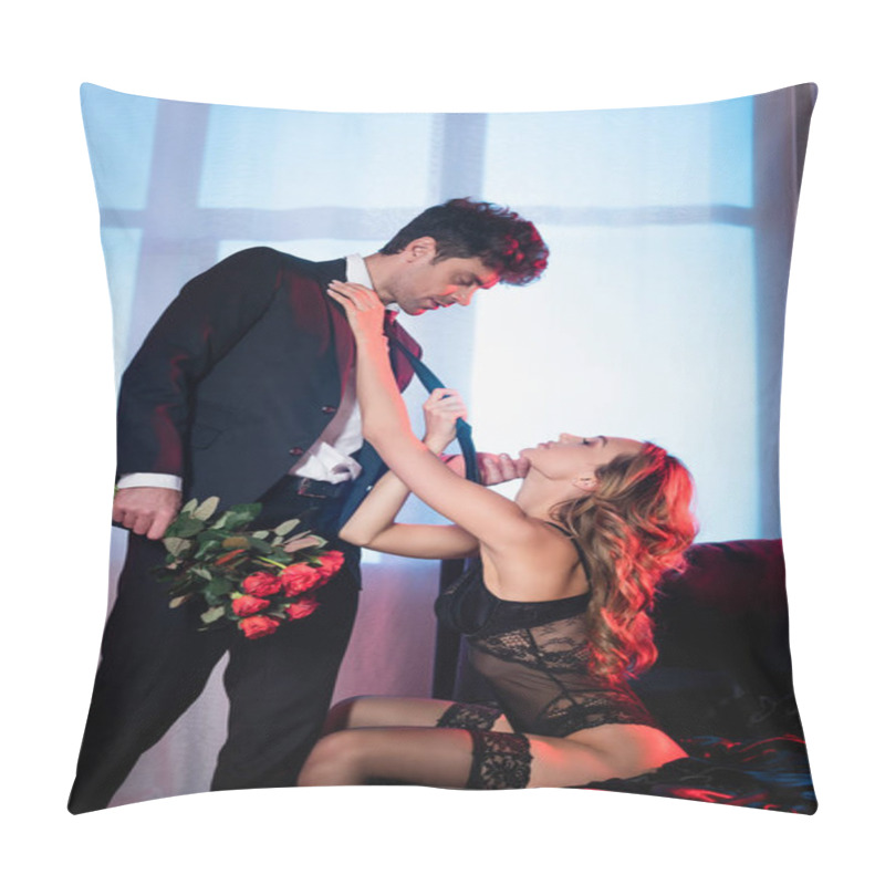 Personality  Sensual Woman Holding Tie Of Man In Formal Wear With Roses In Bedroom  Pillow Covers