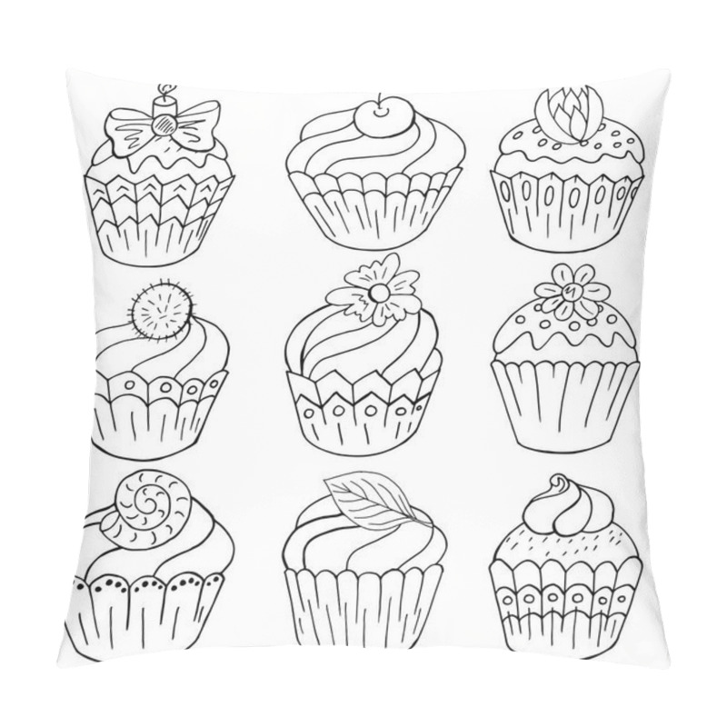 Personality  Set Of Icons Of Cupcakes, Muffins In Hand Draw Style. Collection Of Vector Illustrations For Your Design. Sweet Pastries, Muffins. Outline, Coloring Pillow Covers