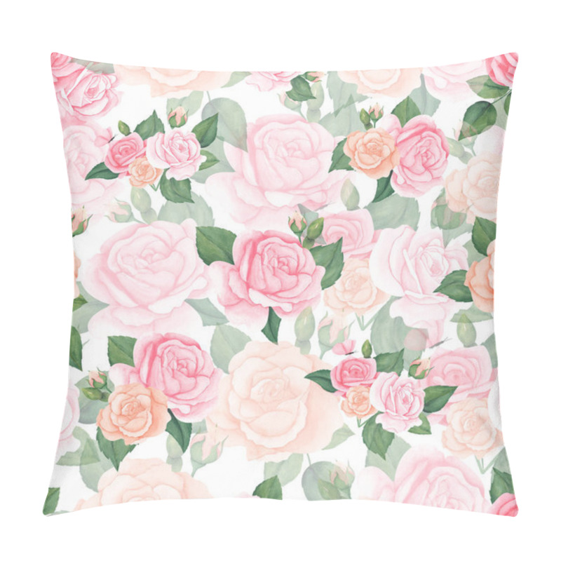 Personality  Watercolor Seamless Pattern With Pink Peach Pastel Roses And Leaves. Floral Illustration For Wrapping Paper, Textile, Print, Fabric. Pillow Covers