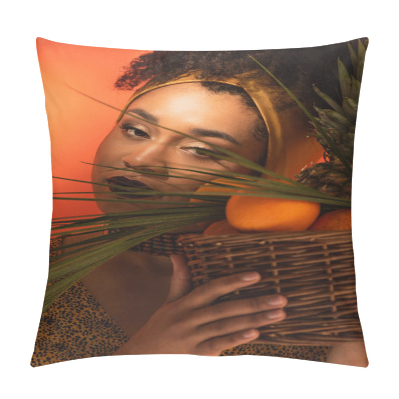 Personality  Young Adult African American Woman Holding Basket With Exotic Fruits Near Face On Orange Pillow Covers