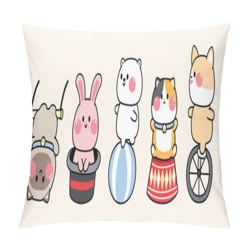 Personality  Set Of Cute Animal In Amusement Park Concept.Cartoon Character Various Poses.Circus.Fun Time.Cat,rabbit,bear,dog Hand Drawn.Kawaii.Vector.Illustration. Pillow Covers