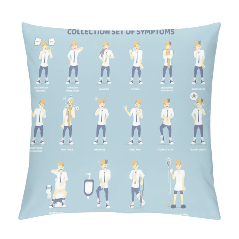 Personality  Collection Set Of Symptoms With Man Such As Coughing, Vomiting, Stomach Ache, Headache, Patient With Iv Stand, Disease Health Care Concept, Flat Character Design Clip Art Vector Illustration Pillow Covers