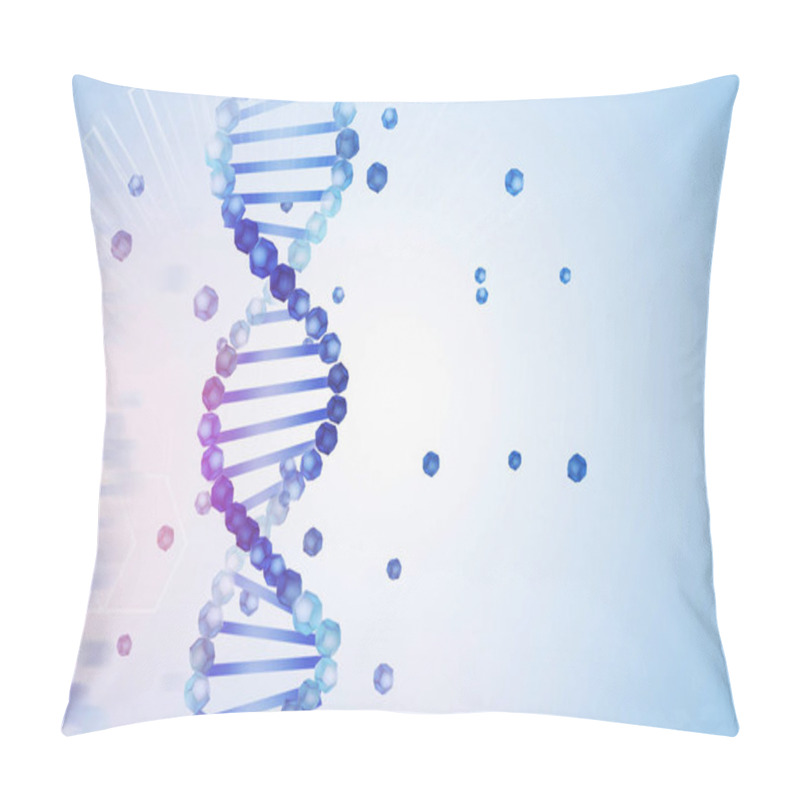 Personality  Blue Purple Vertical Dna Helix With Parts Of It Scattered Around Over Light Blue Background With Geometric Pattern. Biotech, Biology, Medicine And Science Concept. 3d Rendering Mock Up Pillow Covers