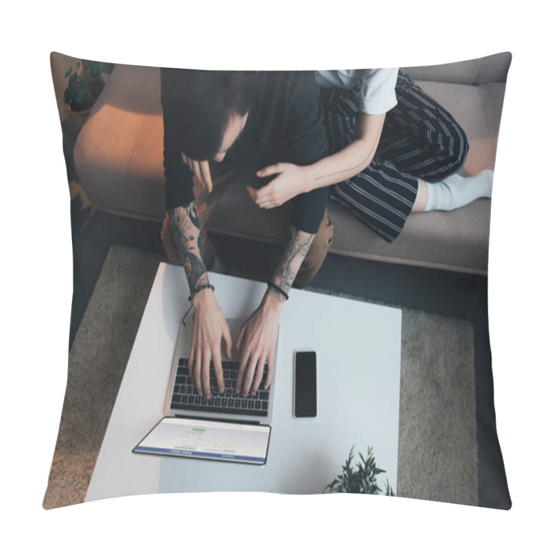 Personality  Cropped View Of Couple Sitting Ang Hugging While Using Laptop With Facebook Website On Screen At Home  Pillow Covers