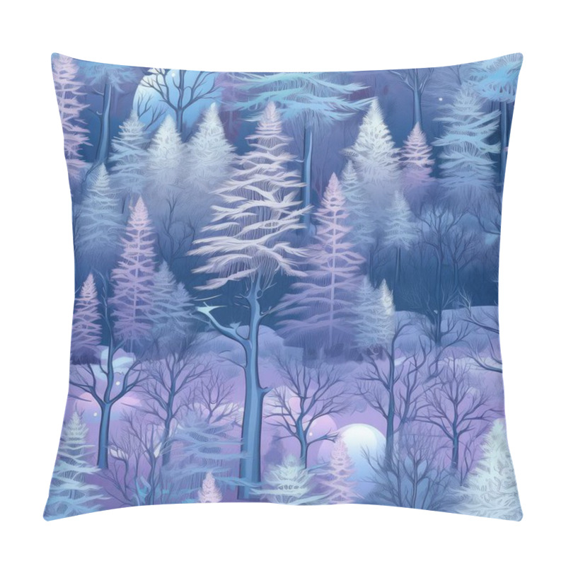 Personality  Magical Winter Landscape. Seamless Background Of A Winter Wonderland With Snowflakes, Christmas Trees, And Icicles. Illustration In A Whimsical Art Style Pillow Covers