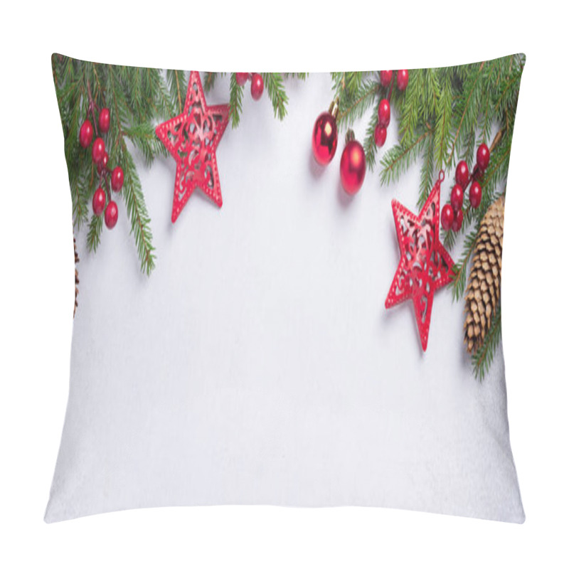 Personality  Christmas Background With Fir Tree And Red Gifts. Top View Copy Space Horizontal Banner Pillow Covers