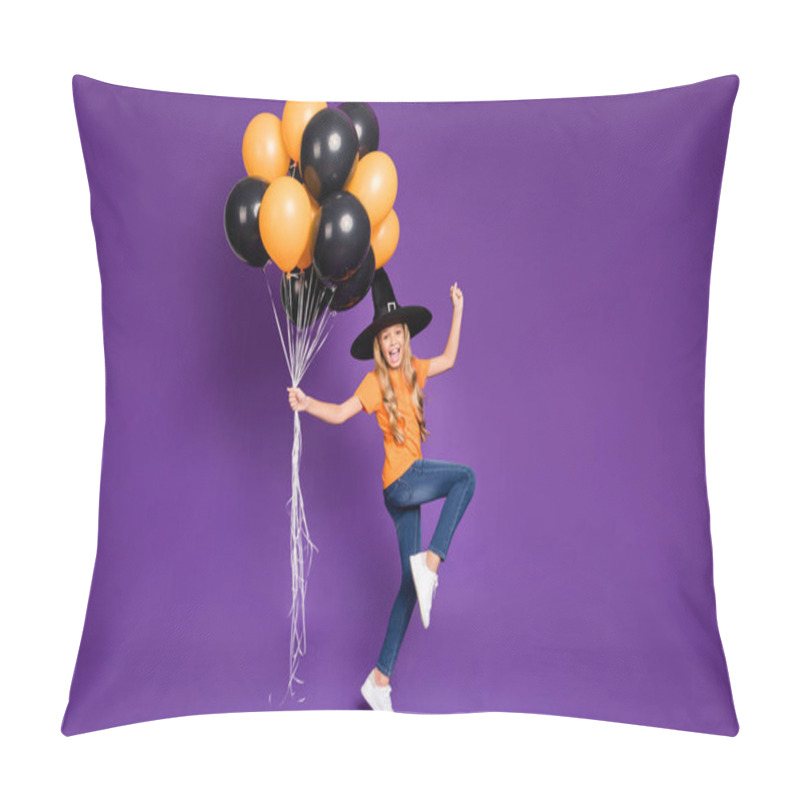 Personality  Full Size Photo Of Little Witch Lady Halloween Party Holding Many Air Balloons Excited To Start Cool Chill Wear Orange T-shirt Wizard Hat Isolated Purple Color Background Pillow Covers