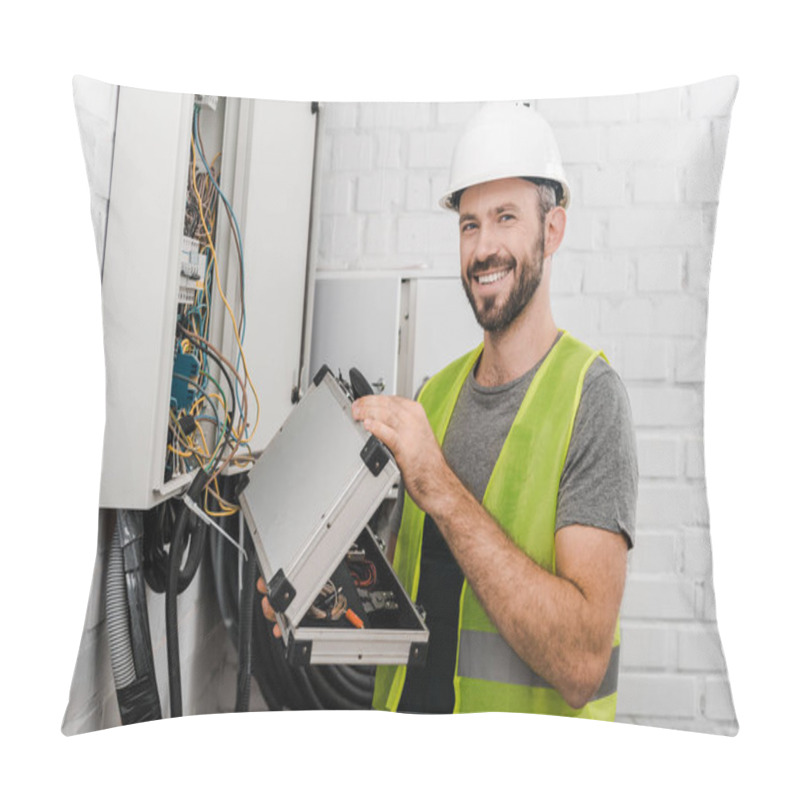 Personality  Smiling Electrician Holding Toolbox Near Electrical Box In Corridor And Looking At Camera Pillow Covers