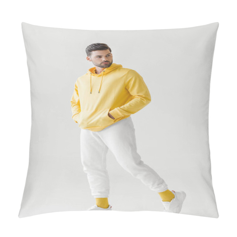 Personality  Handsome Young Man In Yellow Hoodie Posing On White Pillow Covers