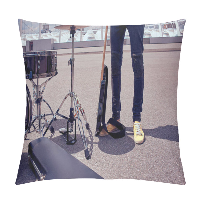 Personality  Partial View Of Musician Standing Near Musical Instruments On Street Pillow Covers