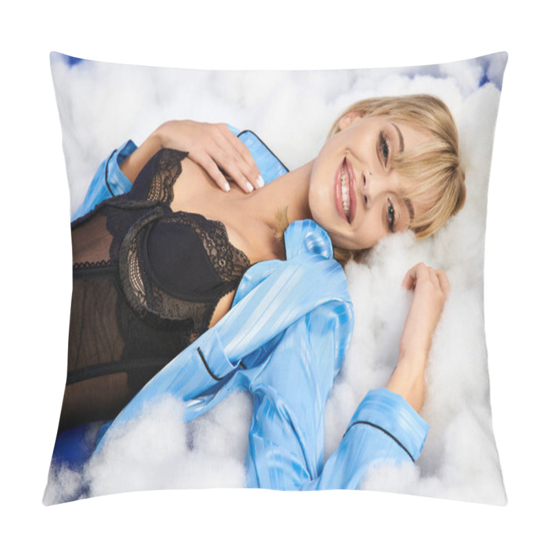 Personality  Alluring Blonde Woman In Vibrant Attire With Bustier, Reclining On A Cloud Of White Fluffiness Against A Blue Sky. Pillow Covers