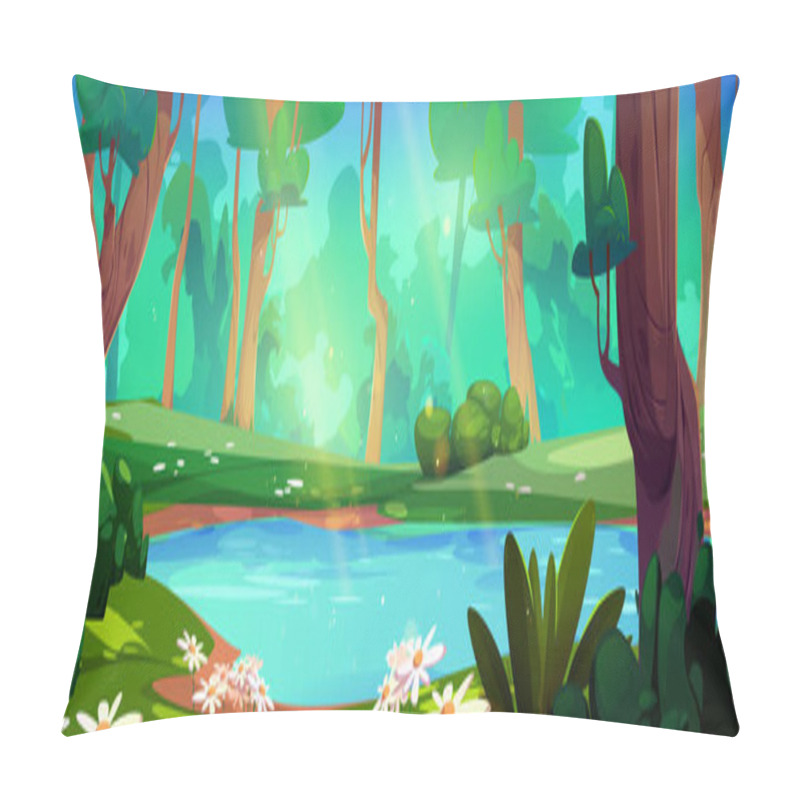 Personality  Summer Forest Lake Landscape Background Scene. Green Grass Valley Panorama Drawing. Illustrated Picture Of Beautiful Chamomile Flower On River Shore With Sunlight Ray Outside Environment To Travel Pillow Covers