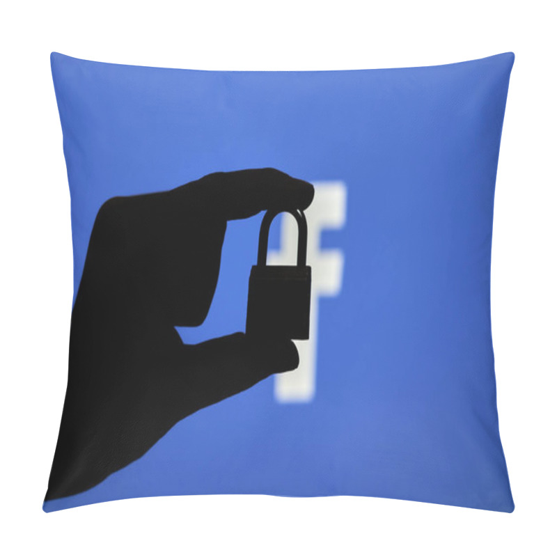 Personality  Tashkent, Uzbekistan - 7 October 2021: Silhouette Of A Person Hand Holding A Padlock Over Facebook Logotype. Facebook Block, Restriction Or Censorship Concepts. Symbol Of Facebook Outage Pillow Covers