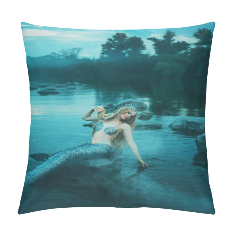 Personality  Pretty Cute Mermaid Girl With Long Blond Hair And Silver Scaly Tail Sits On A Stone In The Middle Of The Lake And Plays With Her Hand, A Beautiful Fairytale Nymph In An Early Cool Morning Alone Pillow Covers