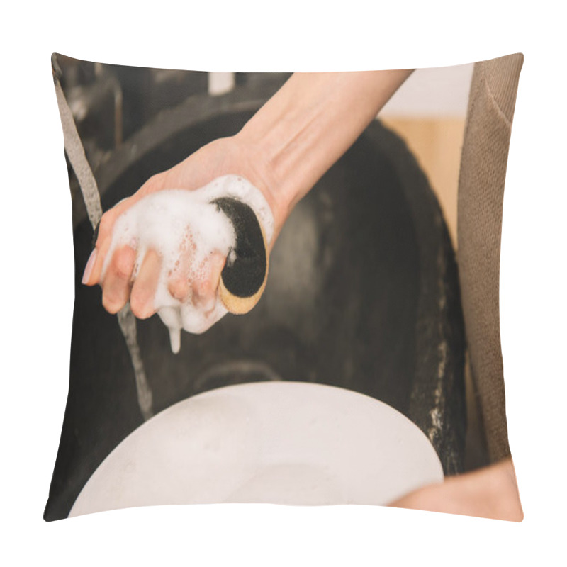 Personality  Cropped View Of Woman Holding Soapy Sponge Near White Plate Pillow Covers