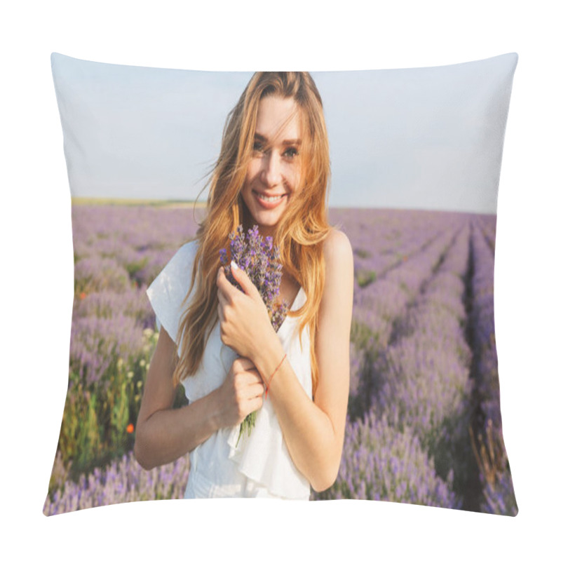 Personality  Photo Of Happy Young Woman In Dress Holding Bouquet With Flowers While Walking Outdoor Through Lavender Field In Summer Pillow Covers