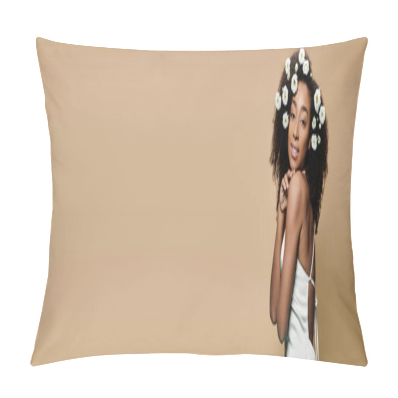 Personality  A Beautiful African American Woman With Natural Makeup And Flowers In Her Hair, Posed Against A Beige Background. Pillow Covers