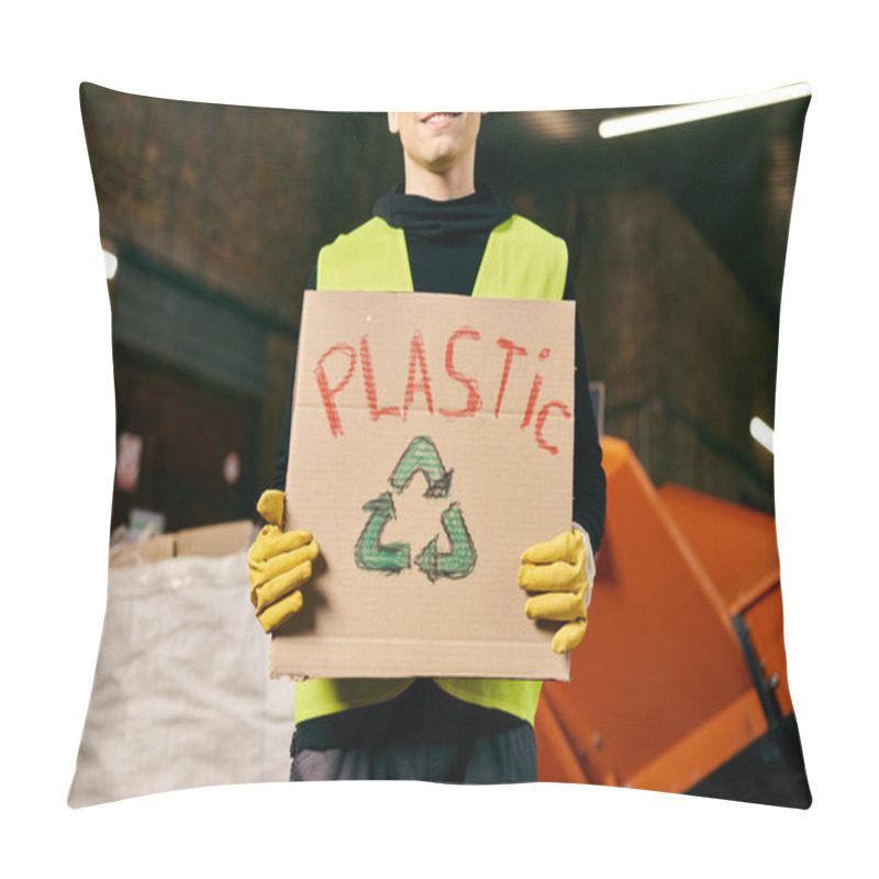 Personality  A Young Volunteer In Gloves And Safety Vest Sorts Waste, Holding A Cardboard Sign That Reads Plastic. Pillow Covers